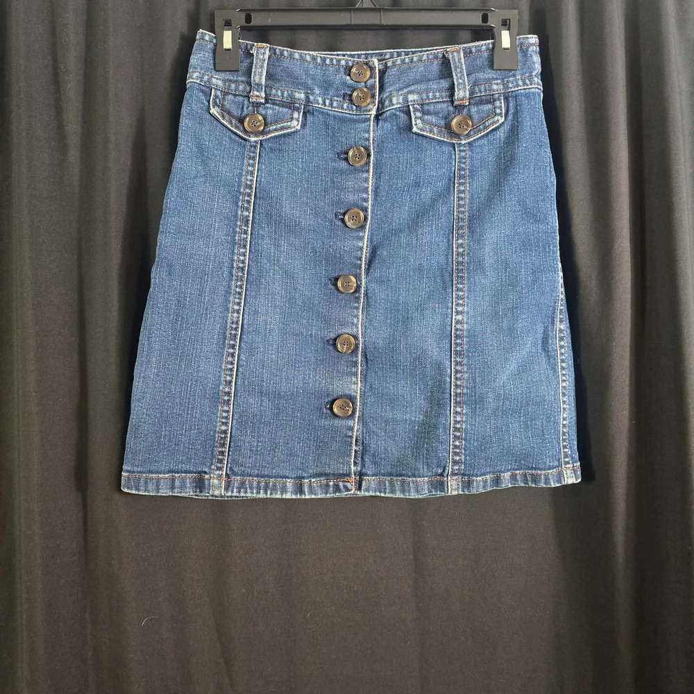 Ann Taylor Blue Denim Button Front A-Line Mini Skirt Womens Size 0 Medium Wash
